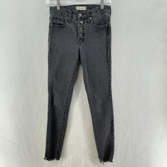 Madewell Jeans Womens 26 Black Wash High Rise Slim Skinny Raw Hem Button Denim - Picture 1 of 11